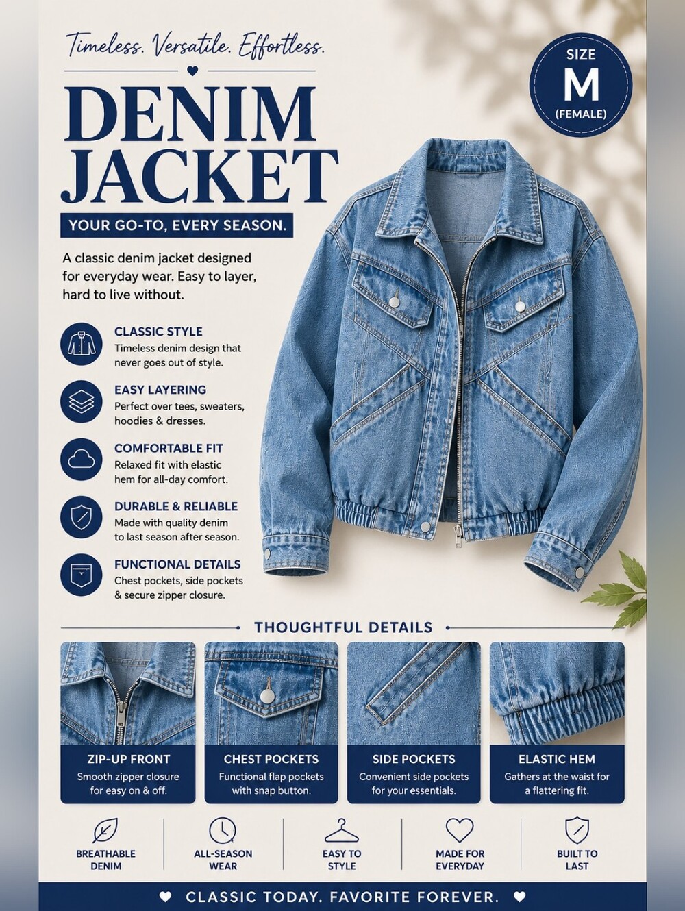 Relaxed Blue Denim Jean Jacket - Casual Zip Front